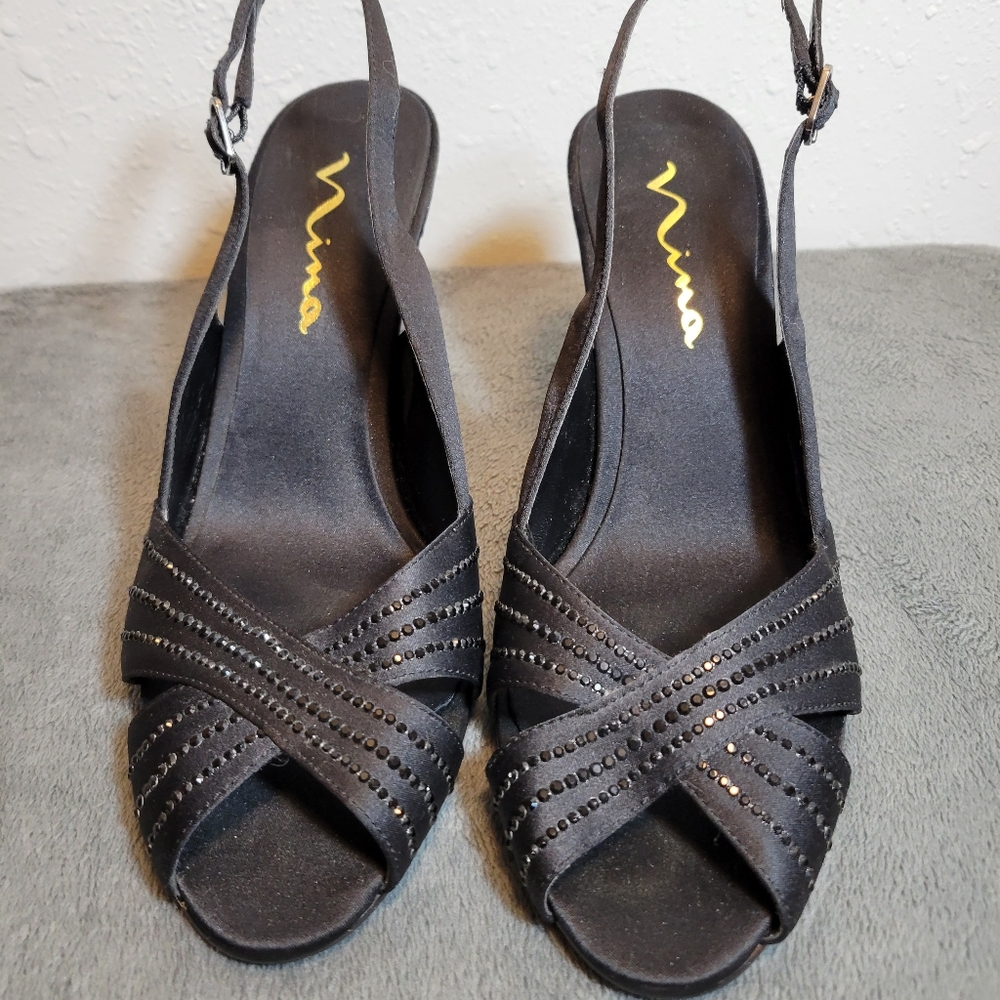 Nina 9M Black Rhinestone Formal Cross Sling Heels